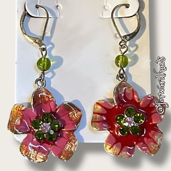 Bundle Sale 3 for $15 | Vibrant Flower Dangle Earrings with Green Beads - Picture 5 of 8